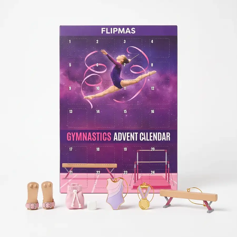 Flipmas gymnastics advent calendar box with mini gymnastics ornaments